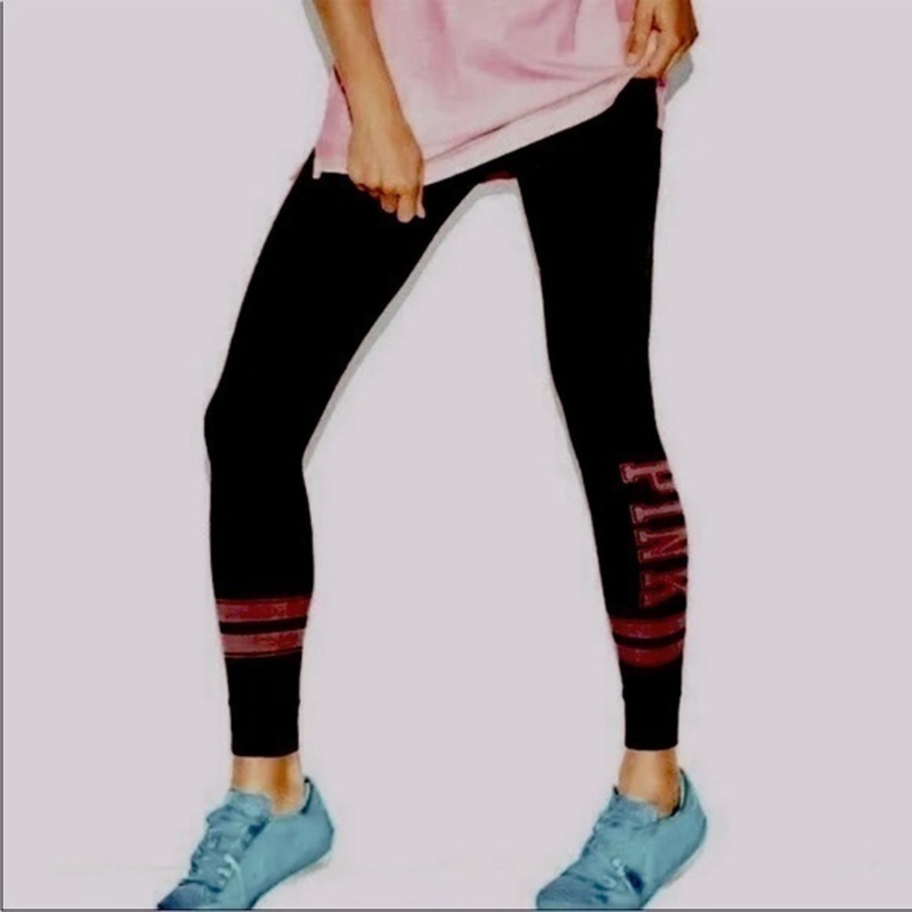 PINK Yoga Victoria’s Secret heathered gray & pink Logo Yoga Leggings S